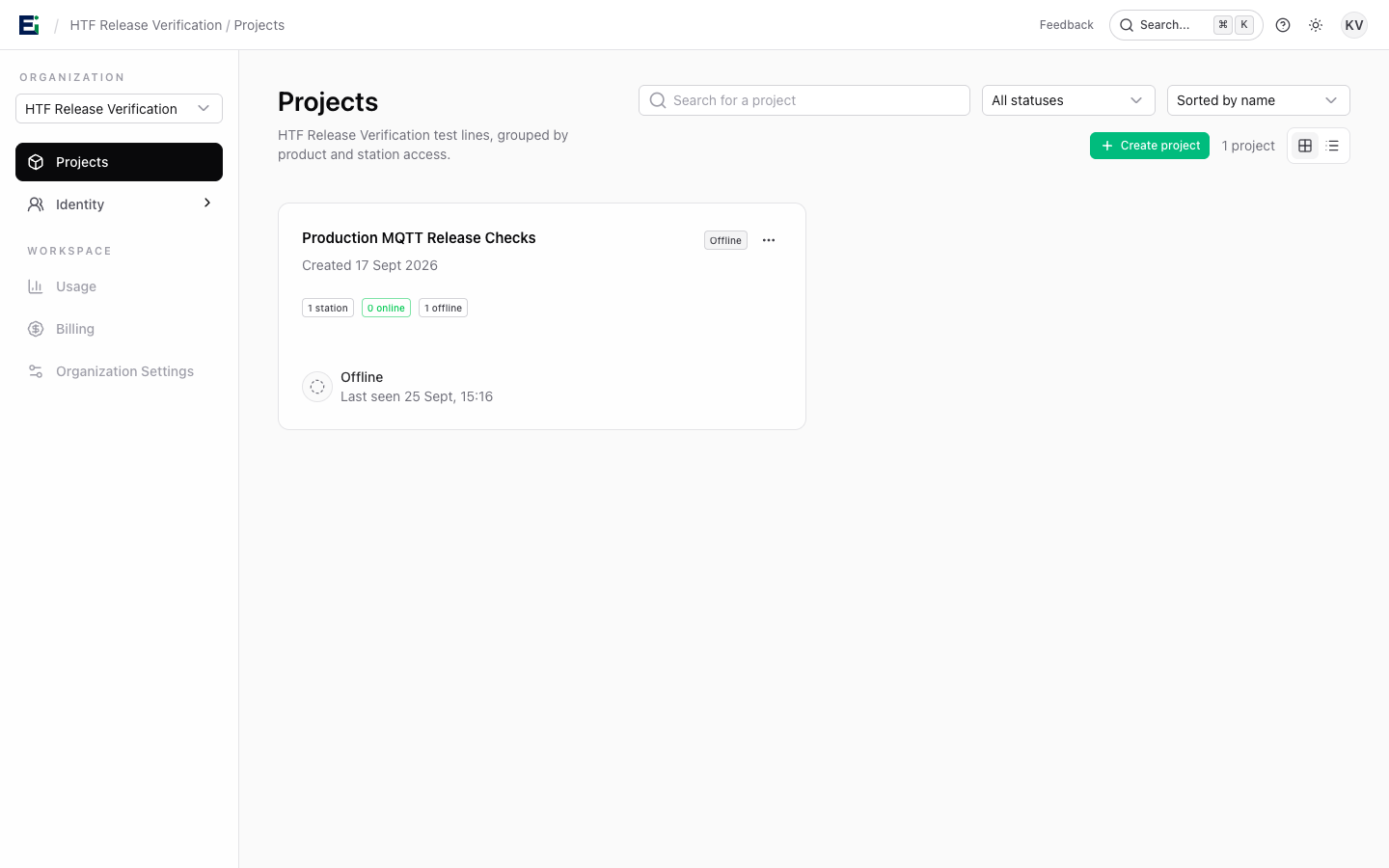 Projects page showing the Create project action and a project card