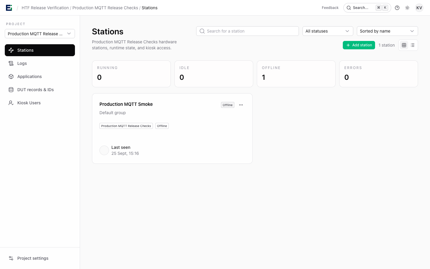 Stations page with the Add station action