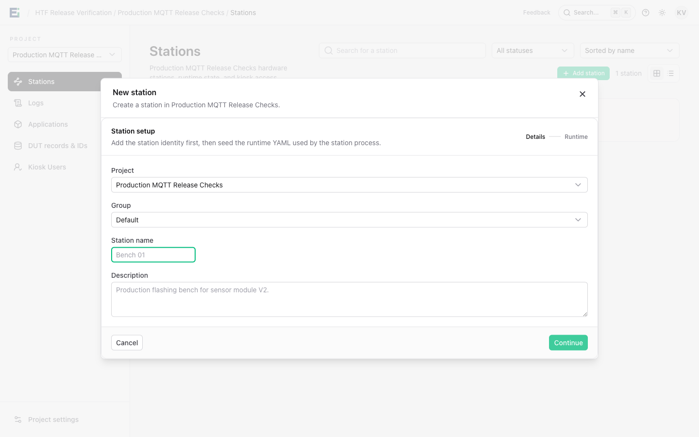 New station form with project, group, and station name