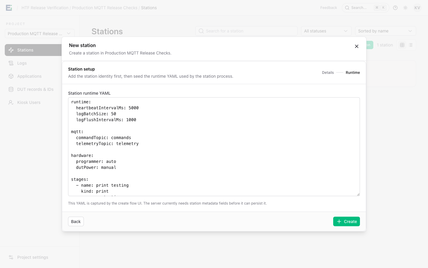 Runtime YAML step of the new station form