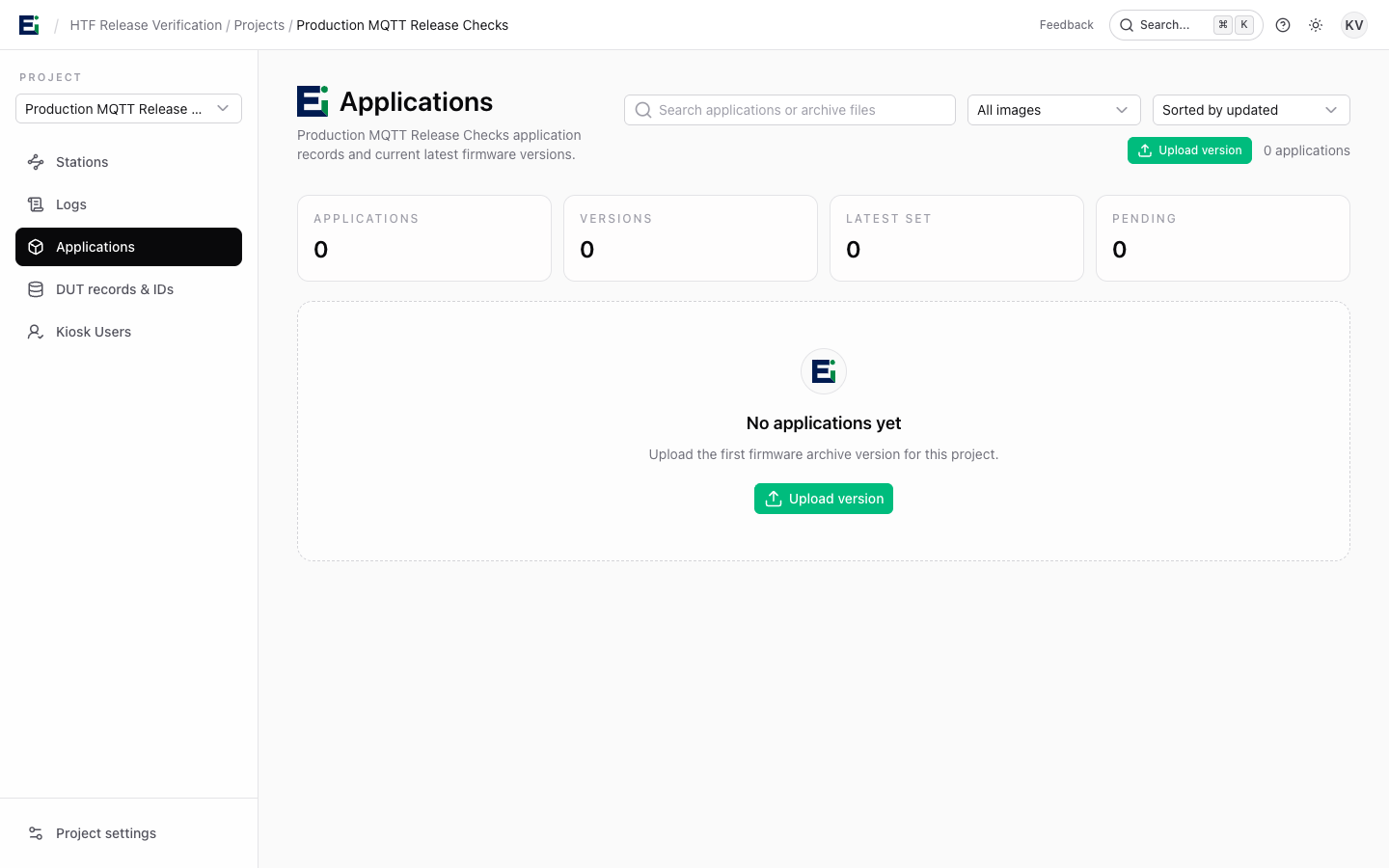 Applications page with the Upload version action