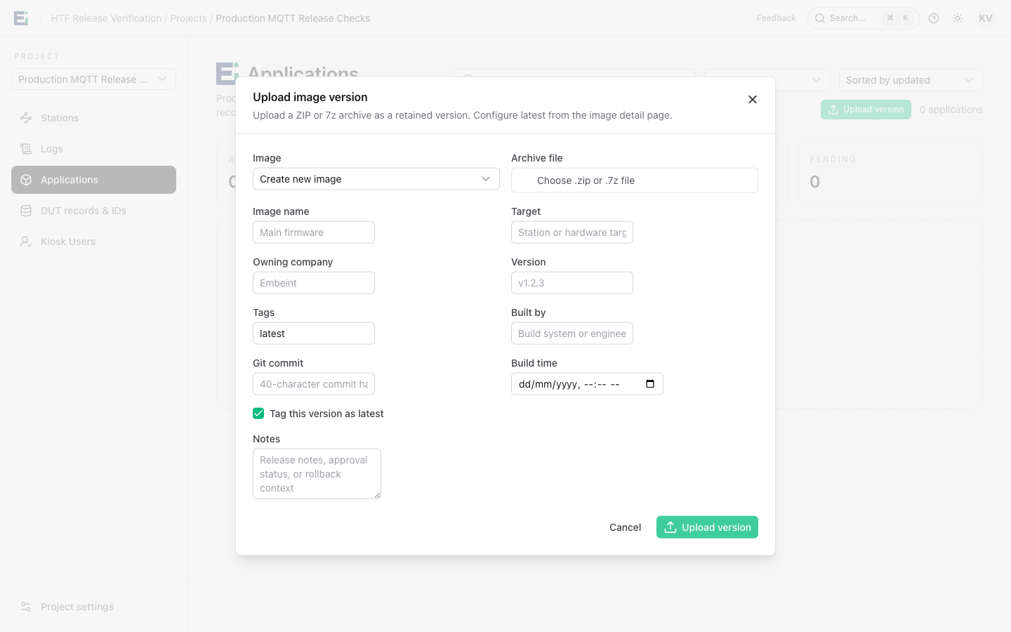 Upload image version form with the archive, name, target, and version fields