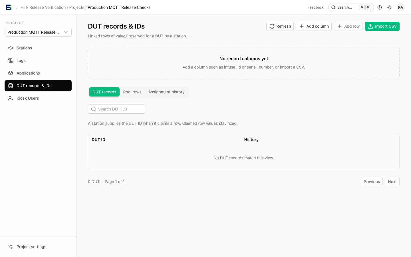 DUT records and IDs page with actions for columns, rows, and CSV import