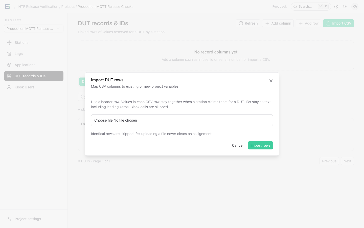 Import DUT rows form explaining linked CSV values