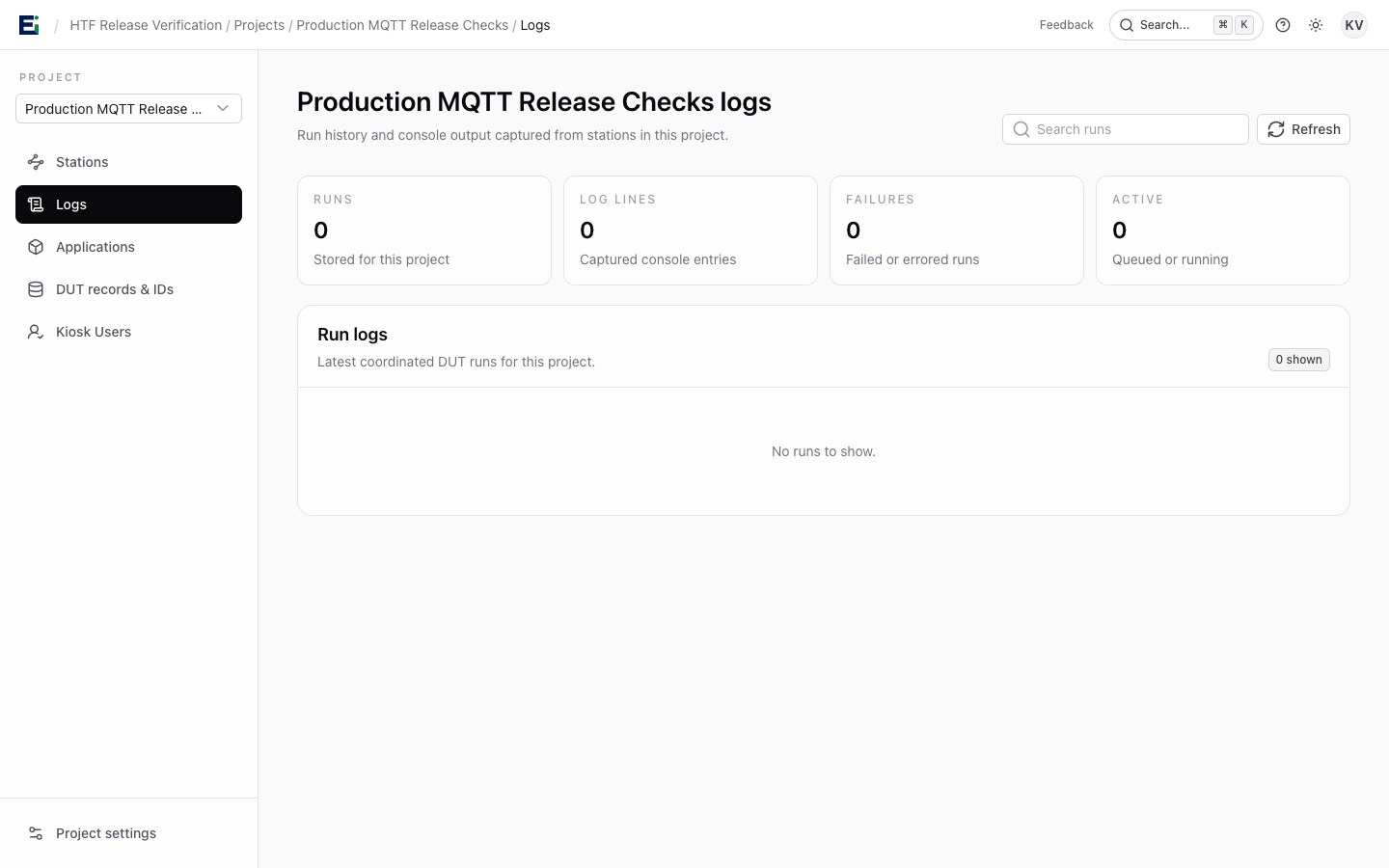 Project Logs page with run summary and search