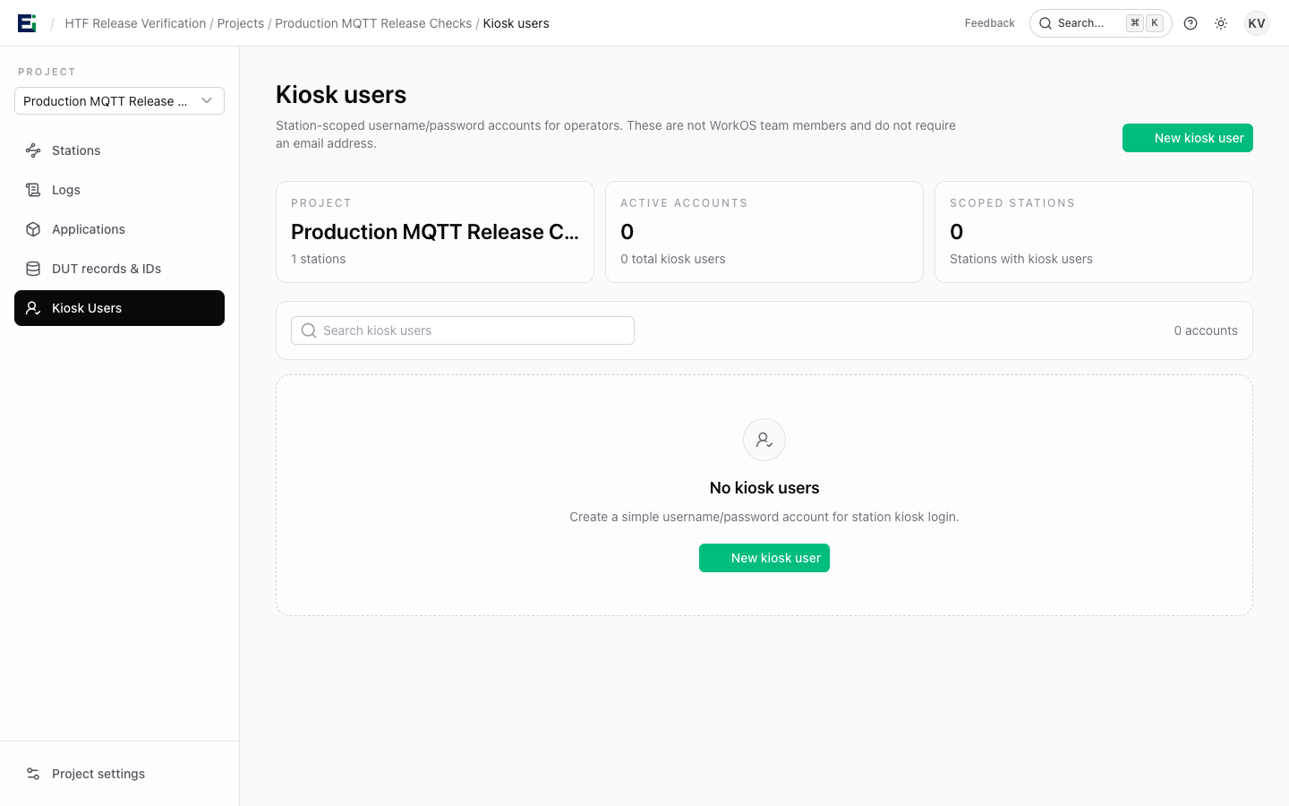 Kiosk users page with the New kiosk user action