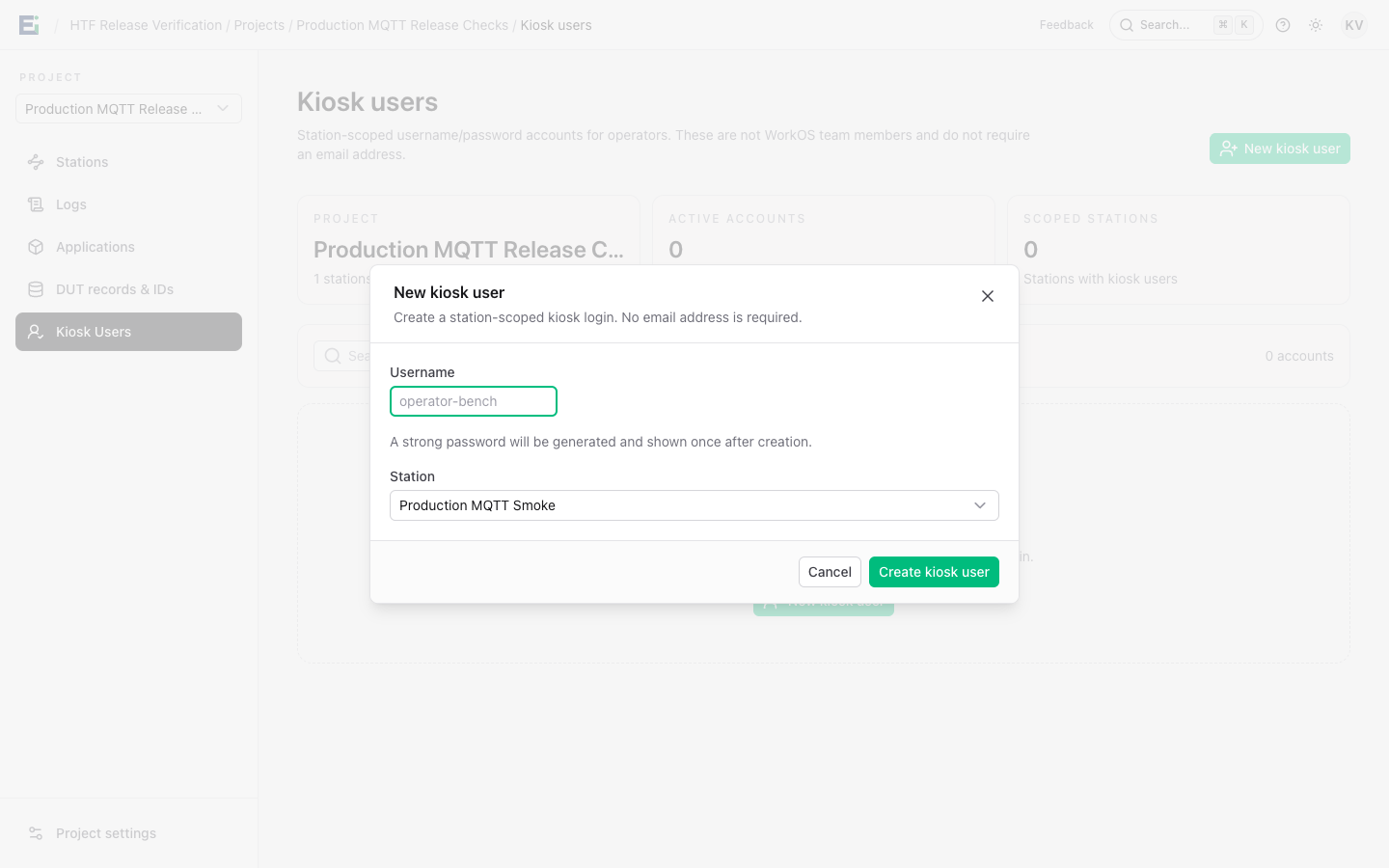New kiosk user form with username and station fields