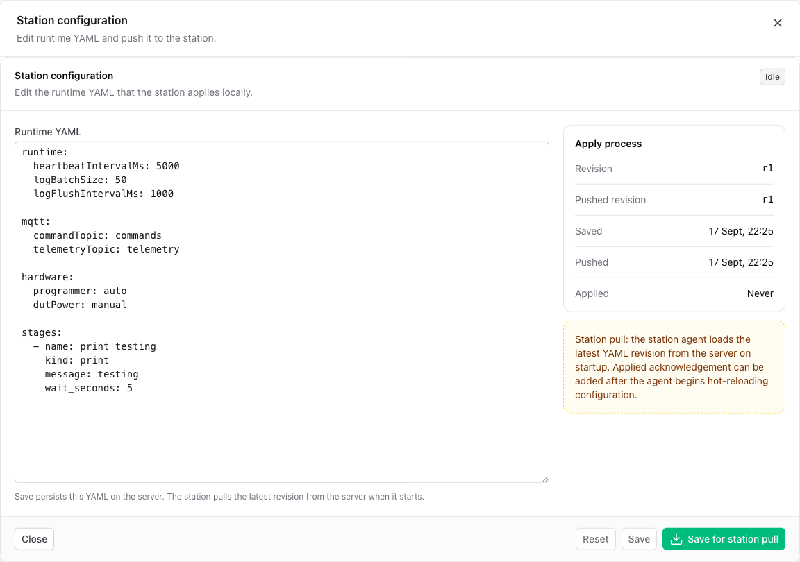 Station configuration editor and Save for station pull action