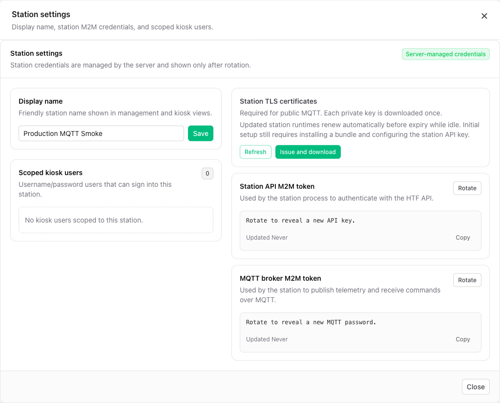 Station settings with TLS certificate controls