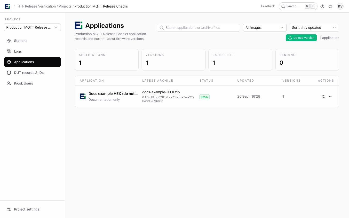 Applications list with a ready documentation example archive