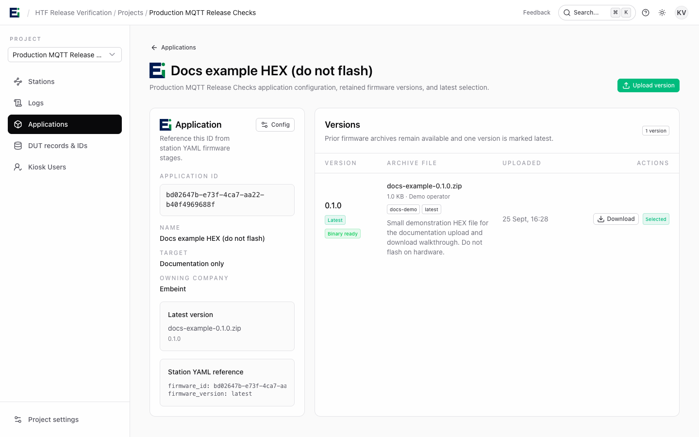 Application detail page with the application ID and version Download action