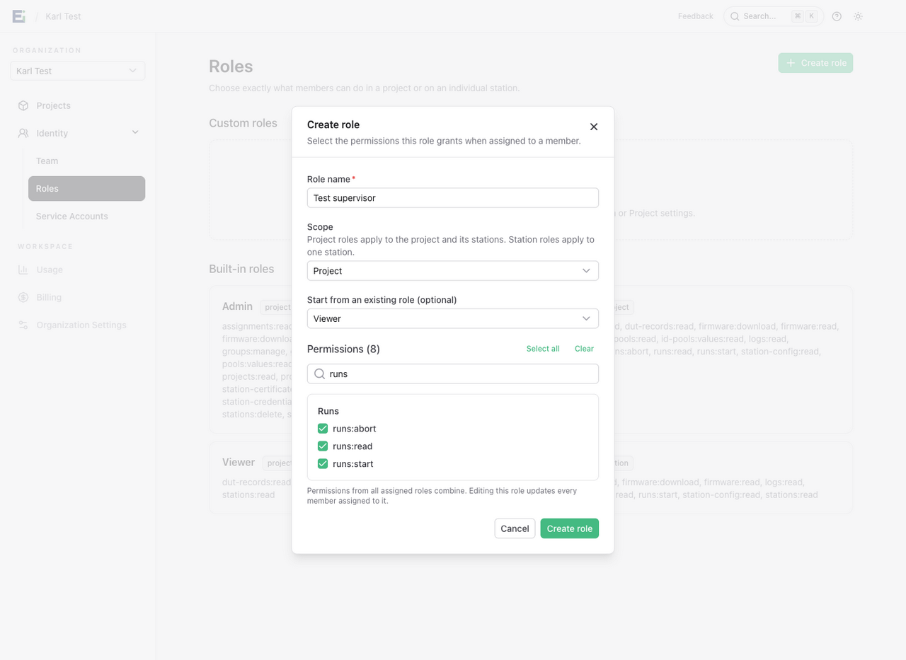 Create role dialog for Test supervisor, starting from Viewer and adding runs:start and runs:abort permissions