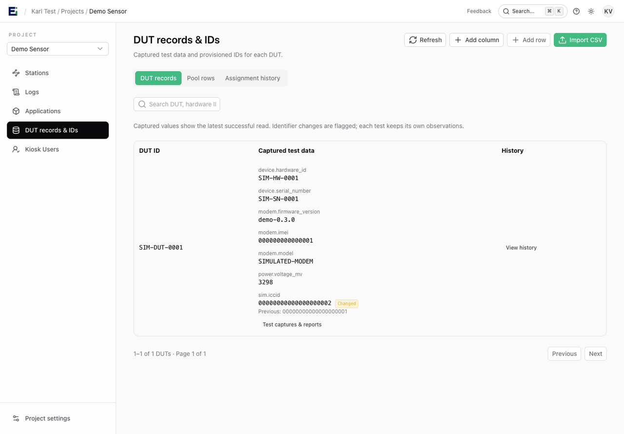 Demo Sensor DUT summary with simulated captured values and a Changed badge beside the ICCID