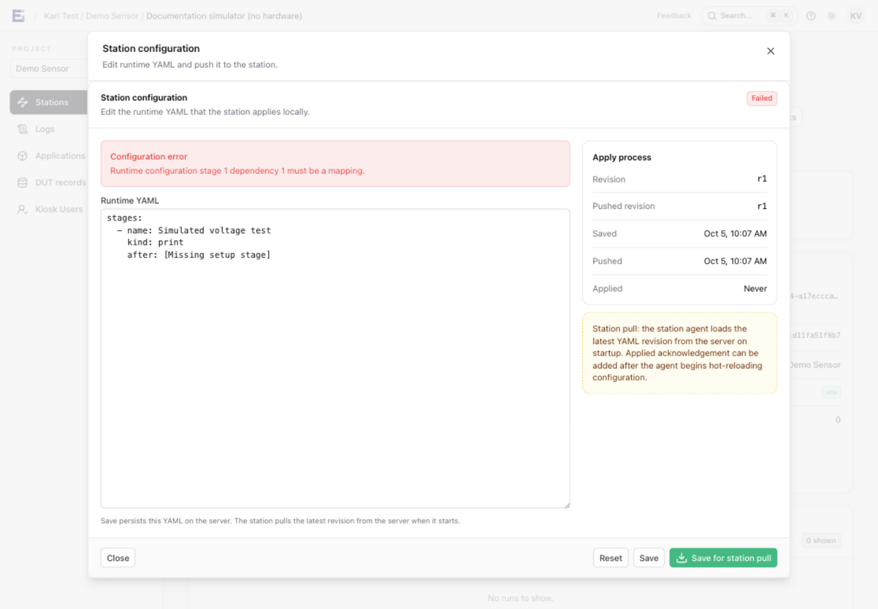 Station configuration rejecting an invalid dependency entry with a detailed YAML validation error
